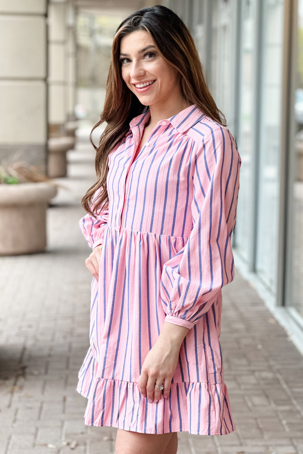 Pink Stripe Ruffled Shirt Mini Dress