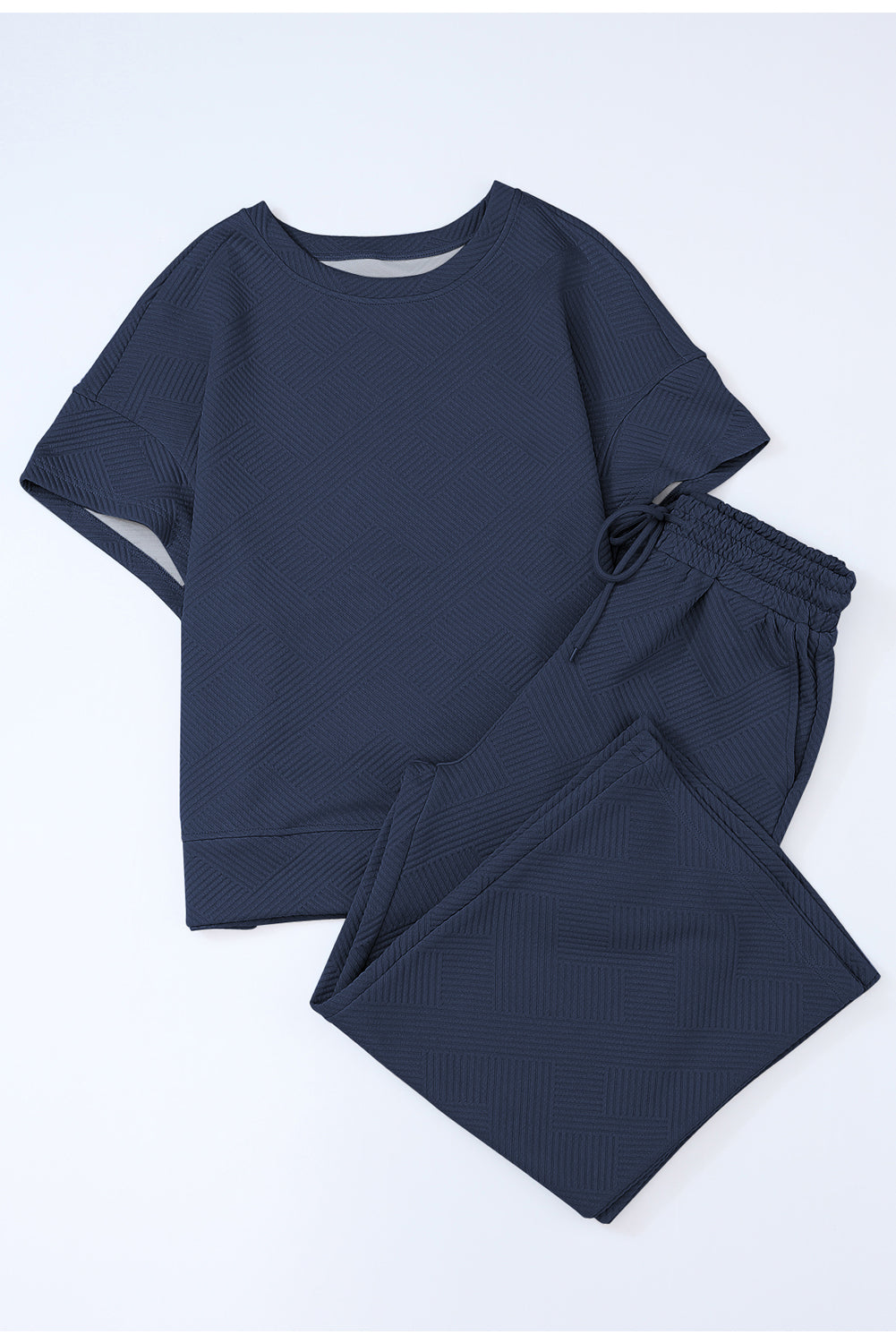 Navy Blue Textured Loose Fit T Shirt and Drawstring Pants Set (on hand)