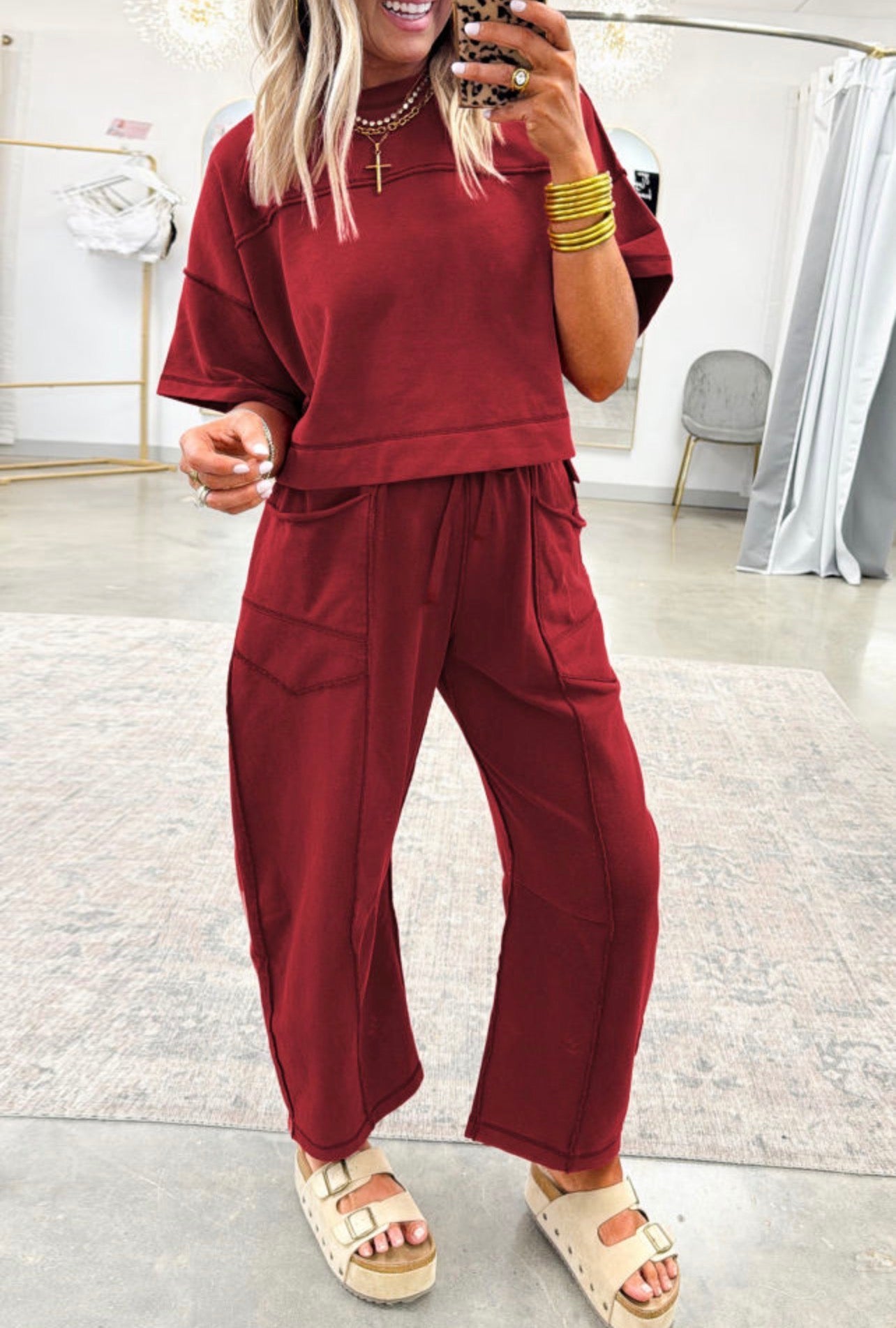 Red Drop Shoulder Boxy Tee Pant Set