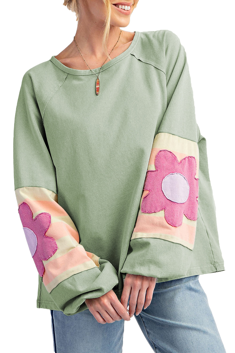 Green Flower Sleeve Oversized Top