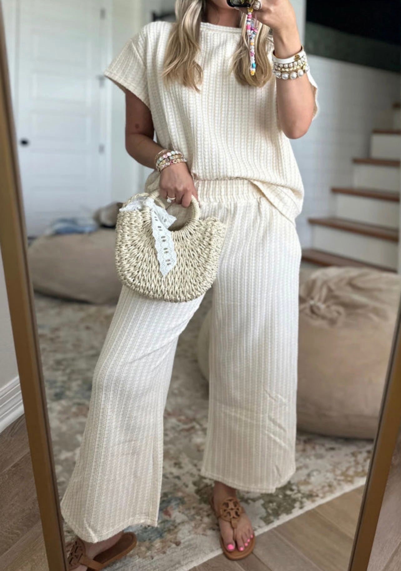 Beige Textured Short Sleeve Cropped Pant Set