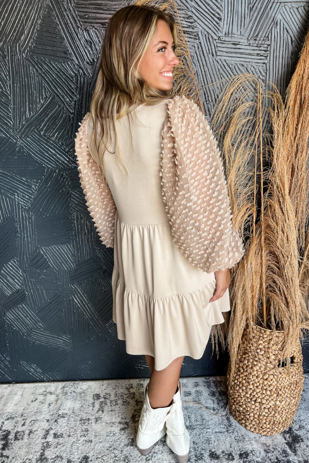 Beige Puff Sleeve A-line Dress (on hand)