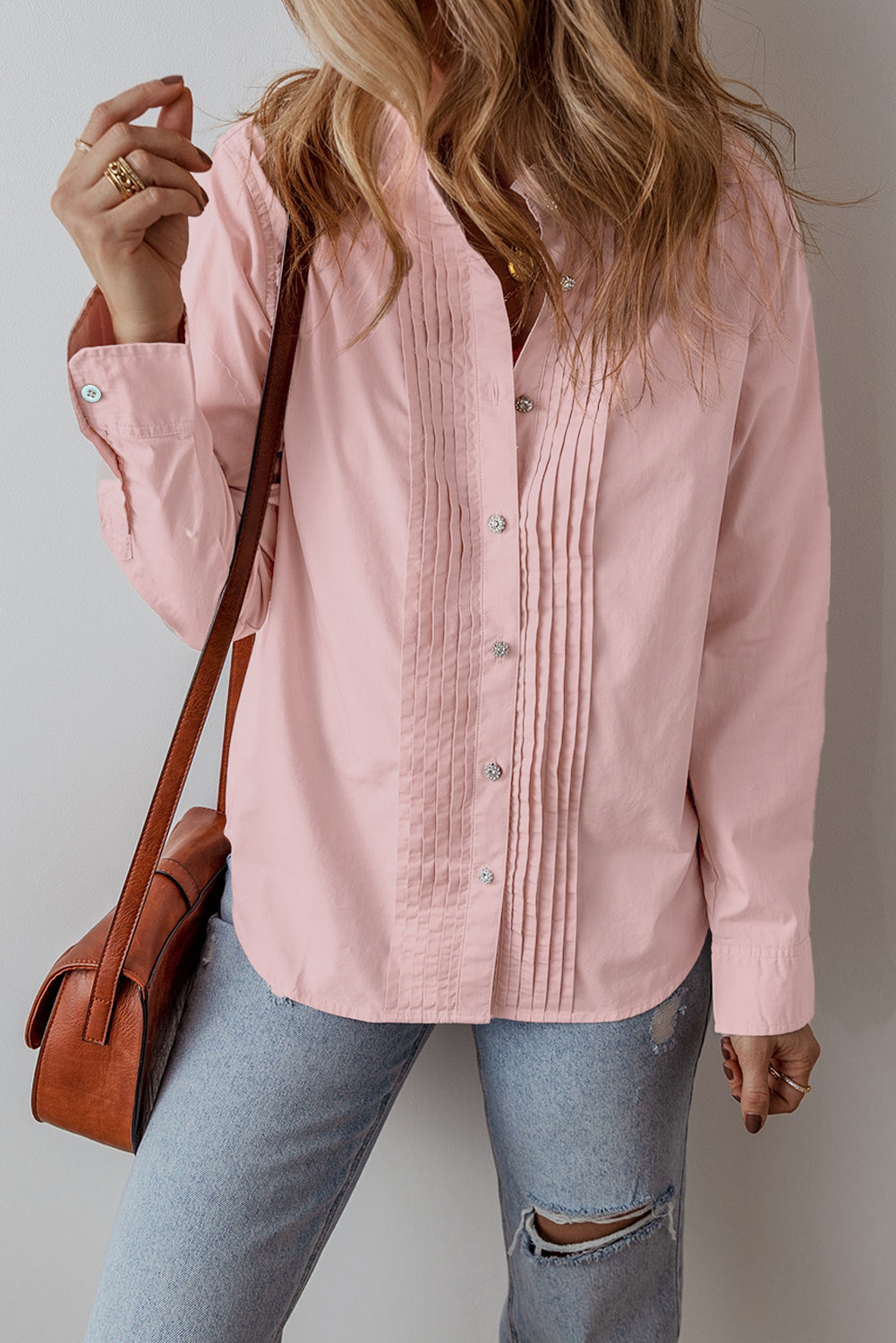 Pink Pleated Loose Fit Button-Up