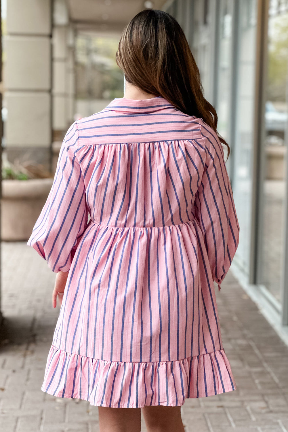 Pink Stripe Ruffled Shirt Mini Dress