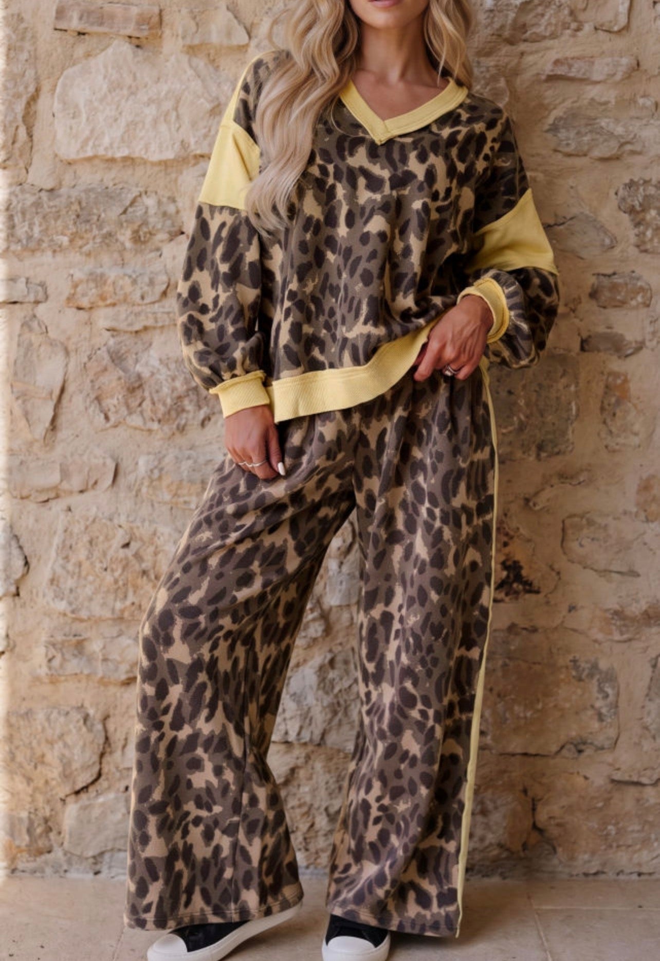 Yellow Trim Leopard Print Pant Set