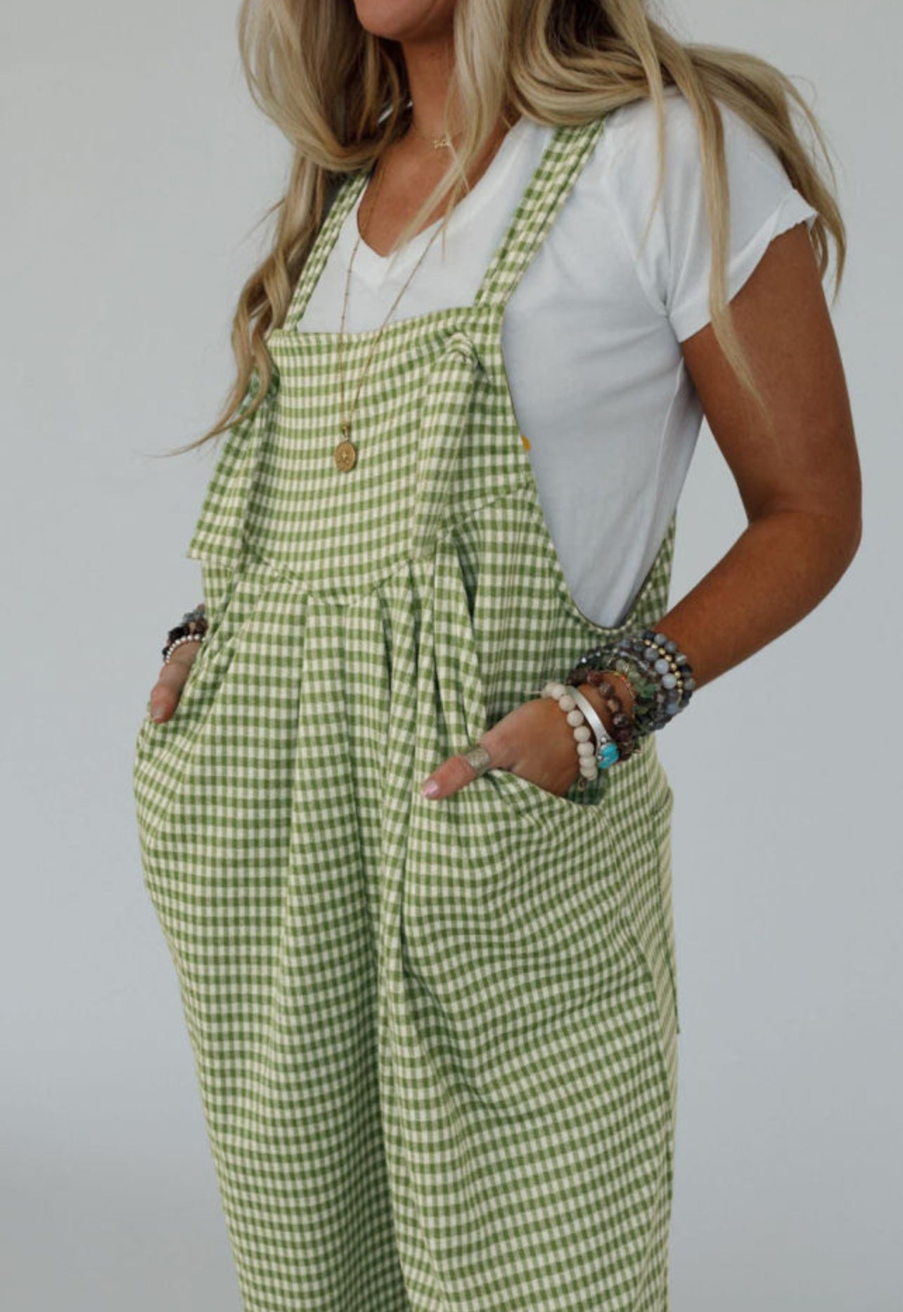 Green Gingham Wide Leg Overalls