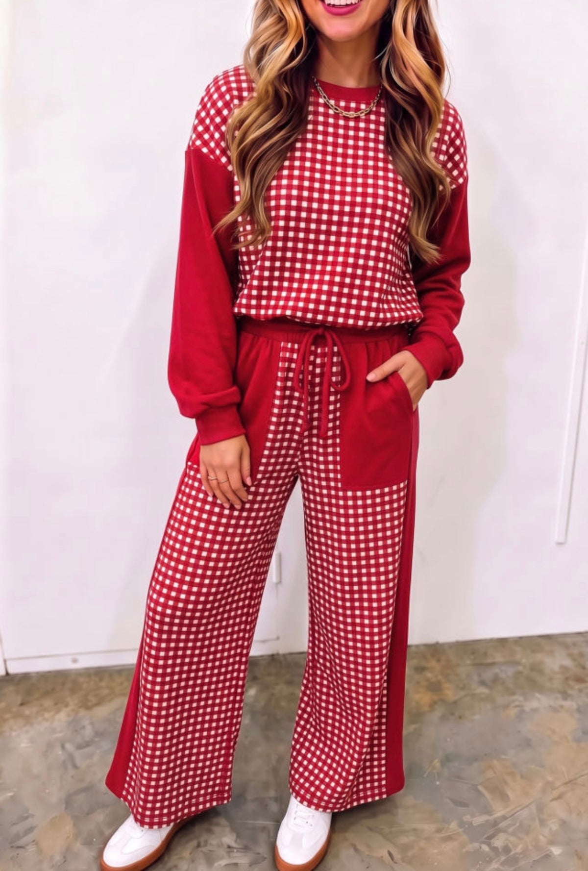 Red Colorblock Gingham Top and Pants Set