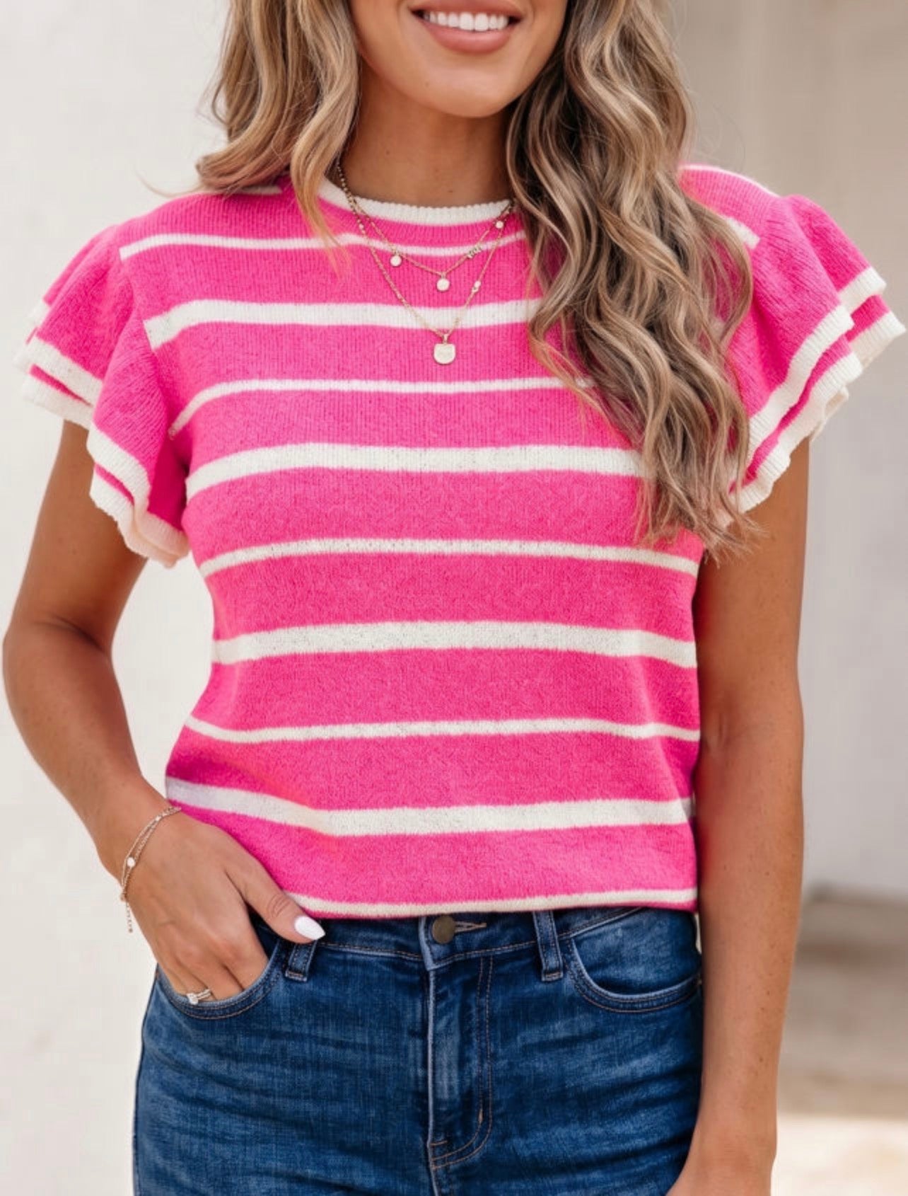 Preorder Rose Stripe Double Ruffle Short Sleeve Sweater