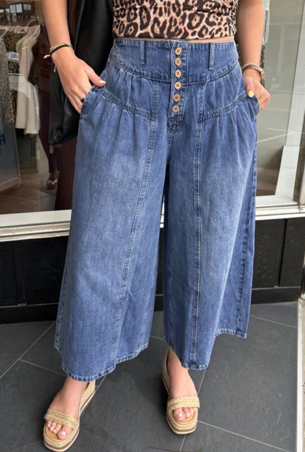 Preorder Button Front Pleated Wide Leg Cropped Jeans