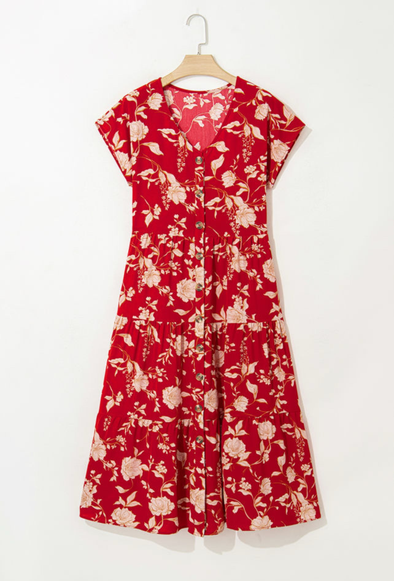 Red Floral Short Sleeve Midi Dress