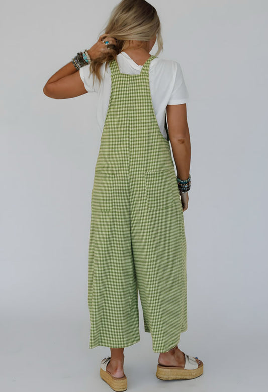 Green Gingham Wide Leg Overalls
