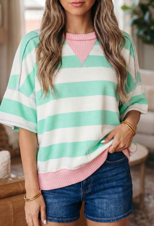 Preorder Green Stripe Pink Patchwork Oversized Top