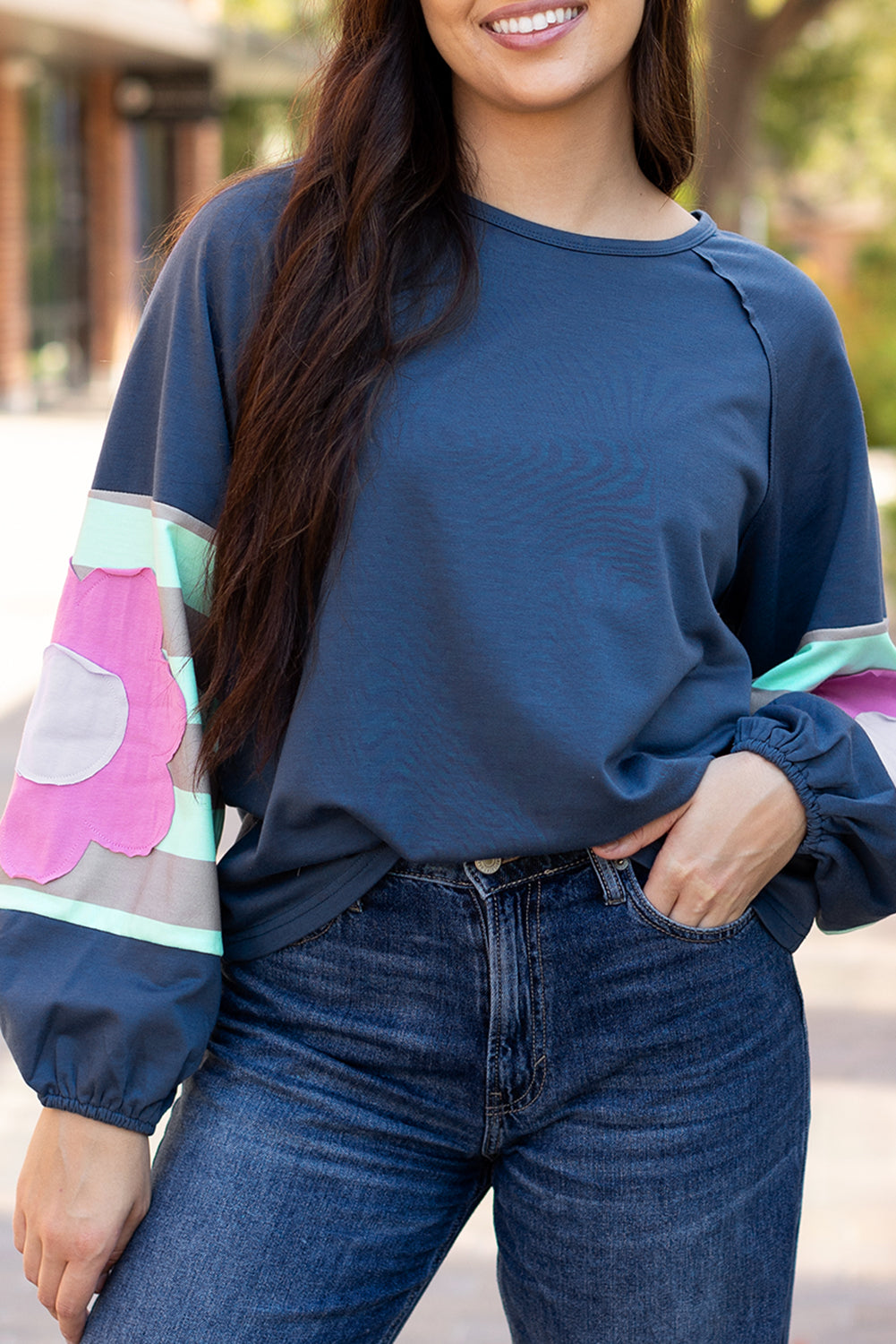 Blue Flower Sleeve Oversized Top