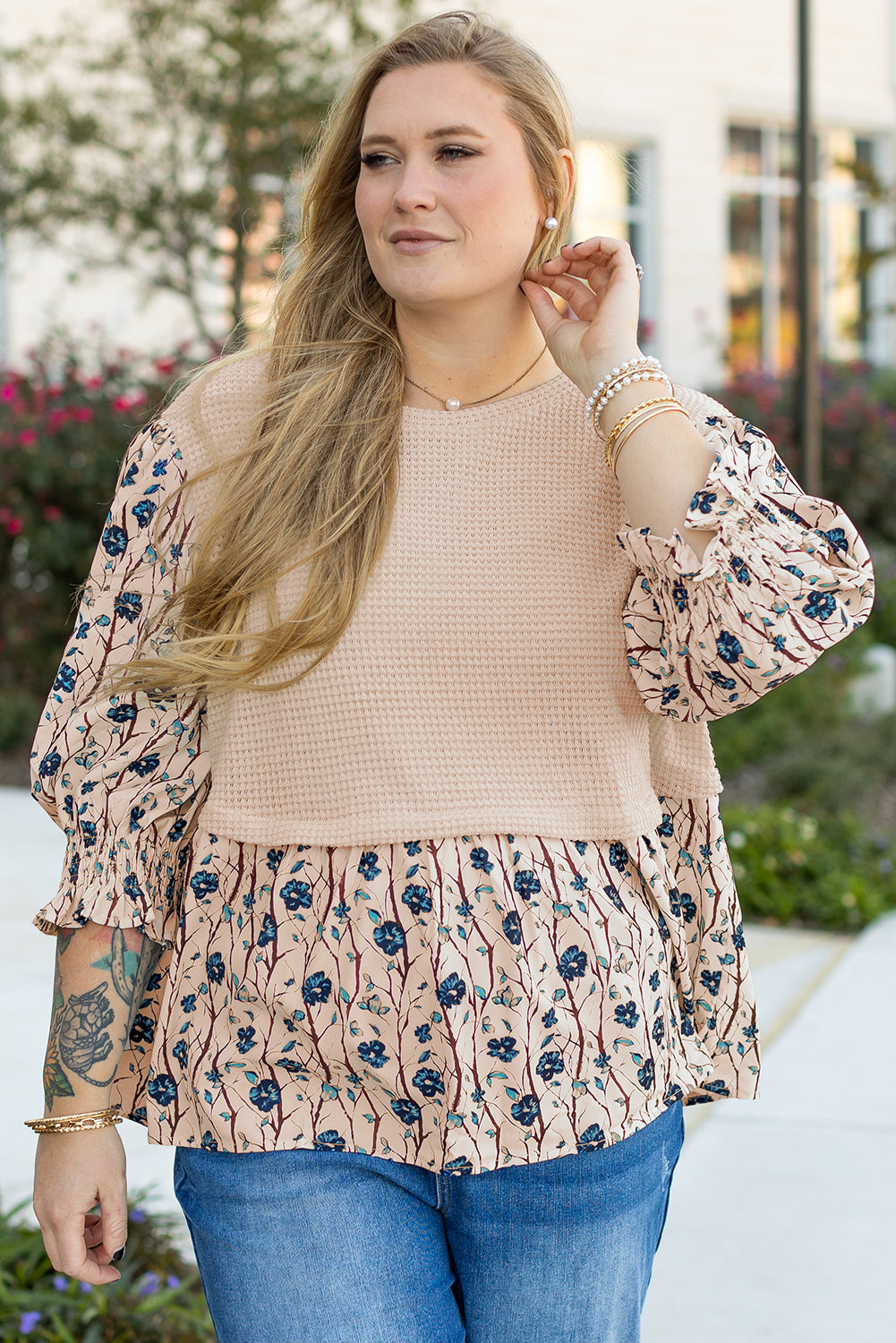 Beige & Floral Layers Plus Size Top