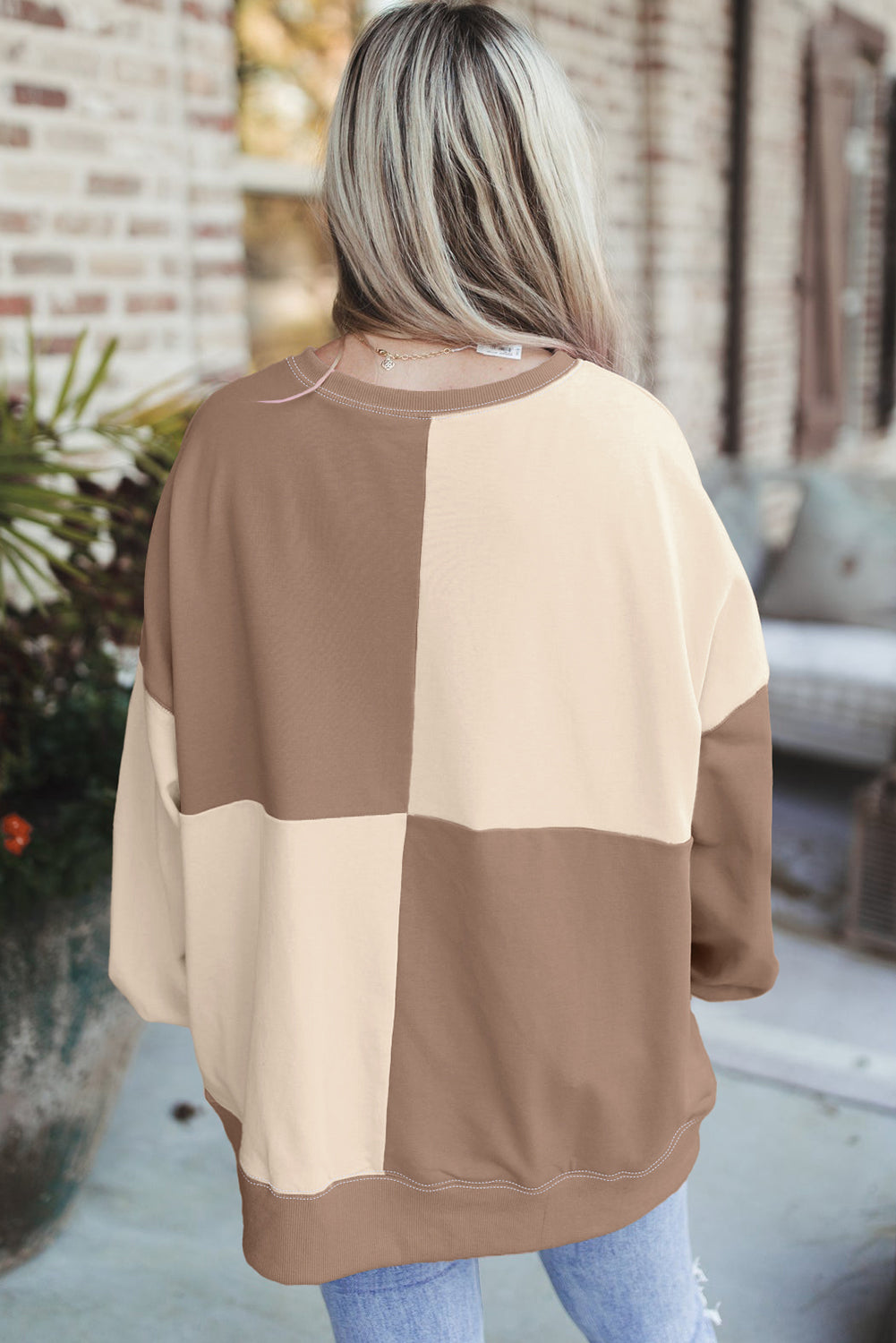 Brown Colorblock Henley Oversize Sweatshirt