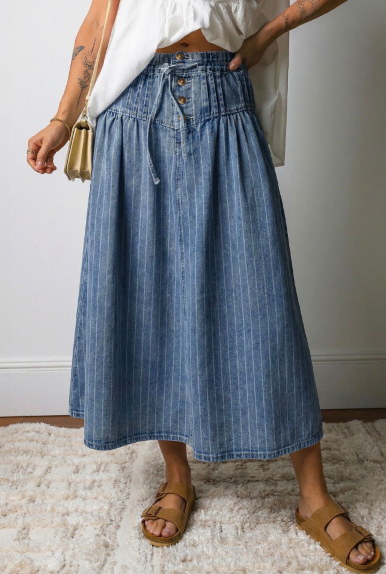 Preorder Button Front Pleated Pinstripe Denim Skirt