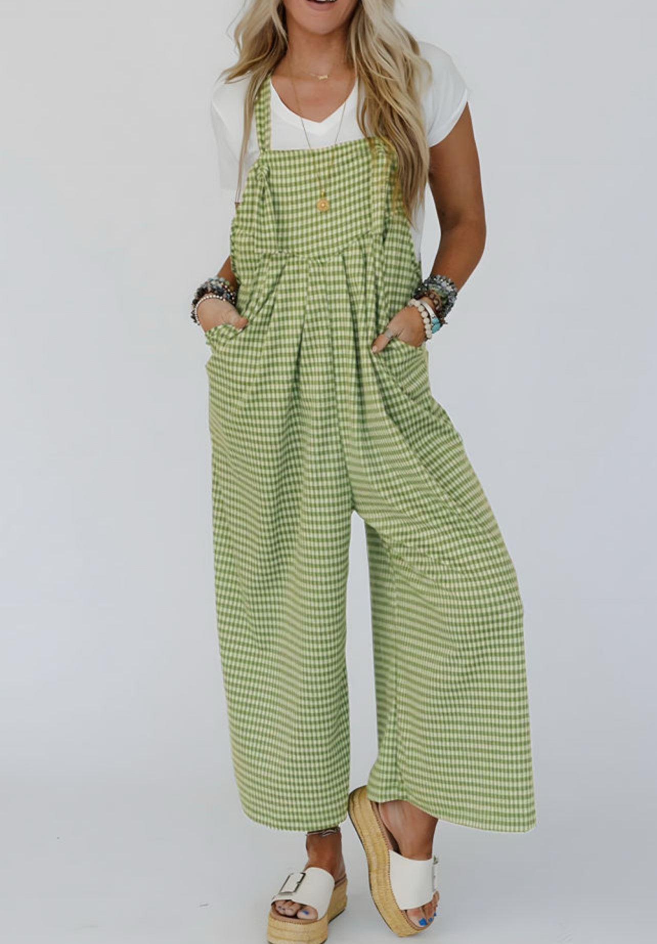 Green Gingham Wide Leg Overalls