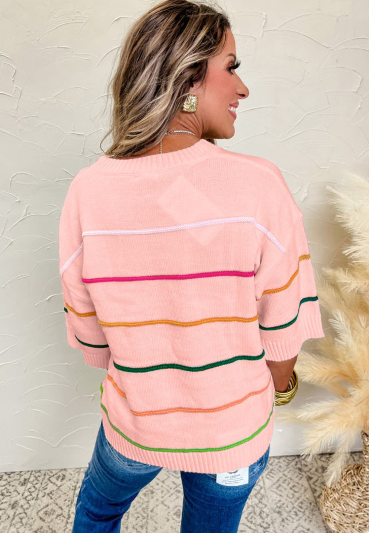 FINAL SALE—Pink Multi-stripe Half Sleeve Sweater