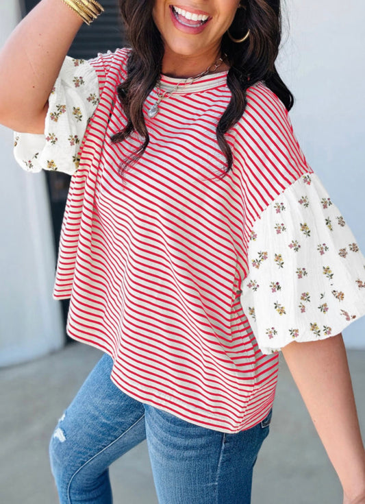 Red Stripe Floral Puff Sleeve T