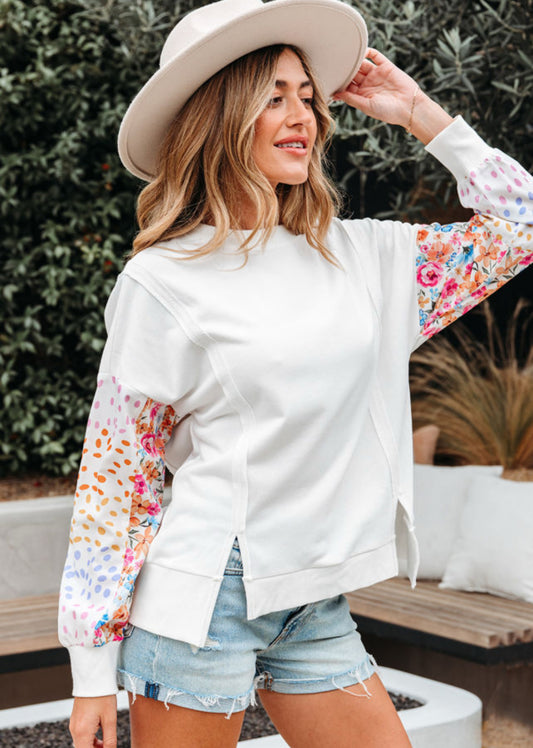 White Floral Patchwork Sleeves Top
