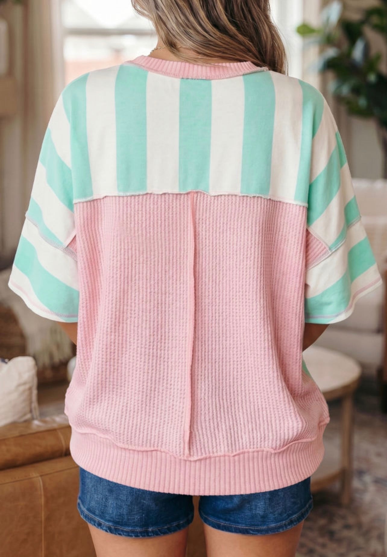 Preorder Green Stripe Pink Patchwork Oversized Top