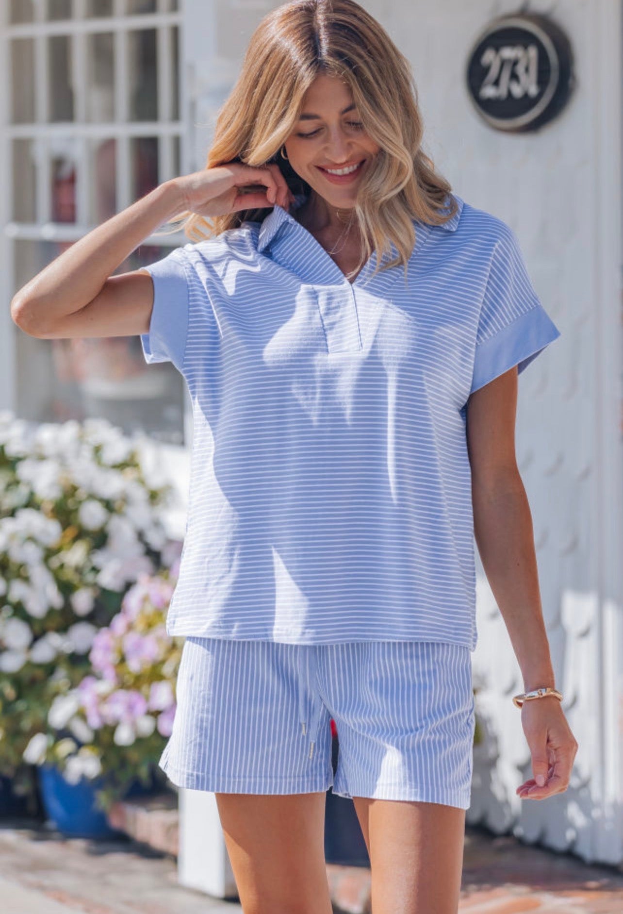 Sky Blue Stripe Polo Shirt and Shorts Set