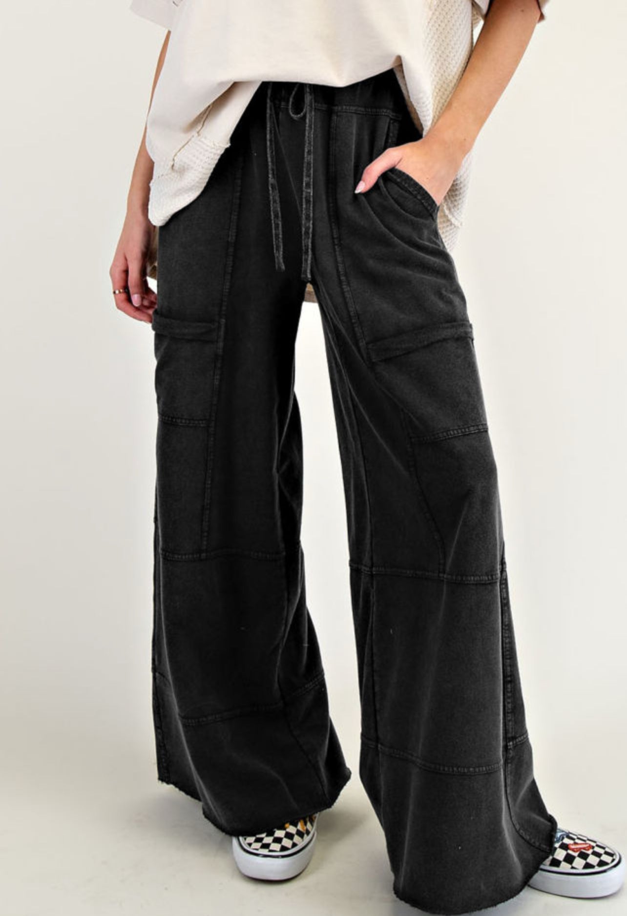 Black Mineral Wash Wide Leg Cargo Pants