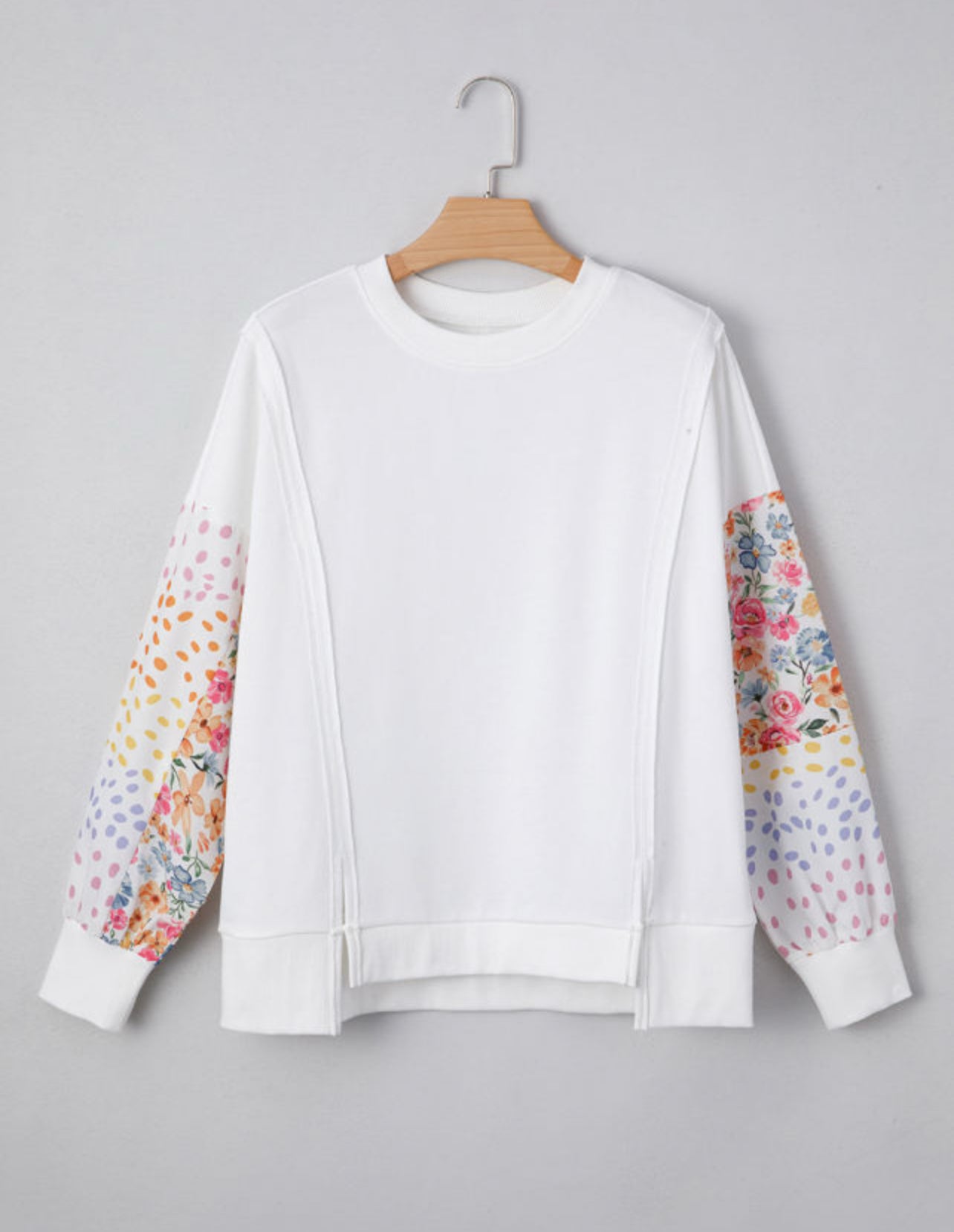 White Floral Patchwork Sleeves Top