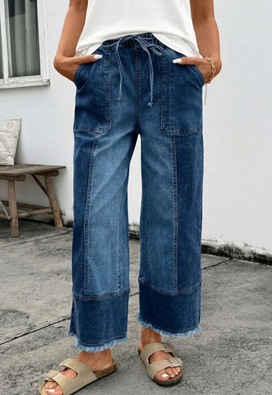 Dark Blue Raw Hem Drawstring Jeans