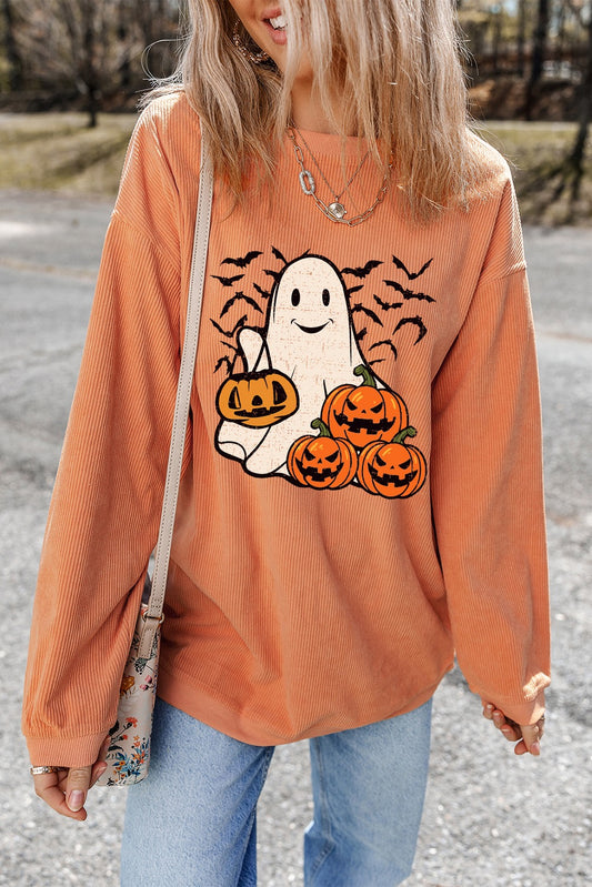 FINAL SALE—Orange Halloween Ghost Corded Sweatshirt (on hand)