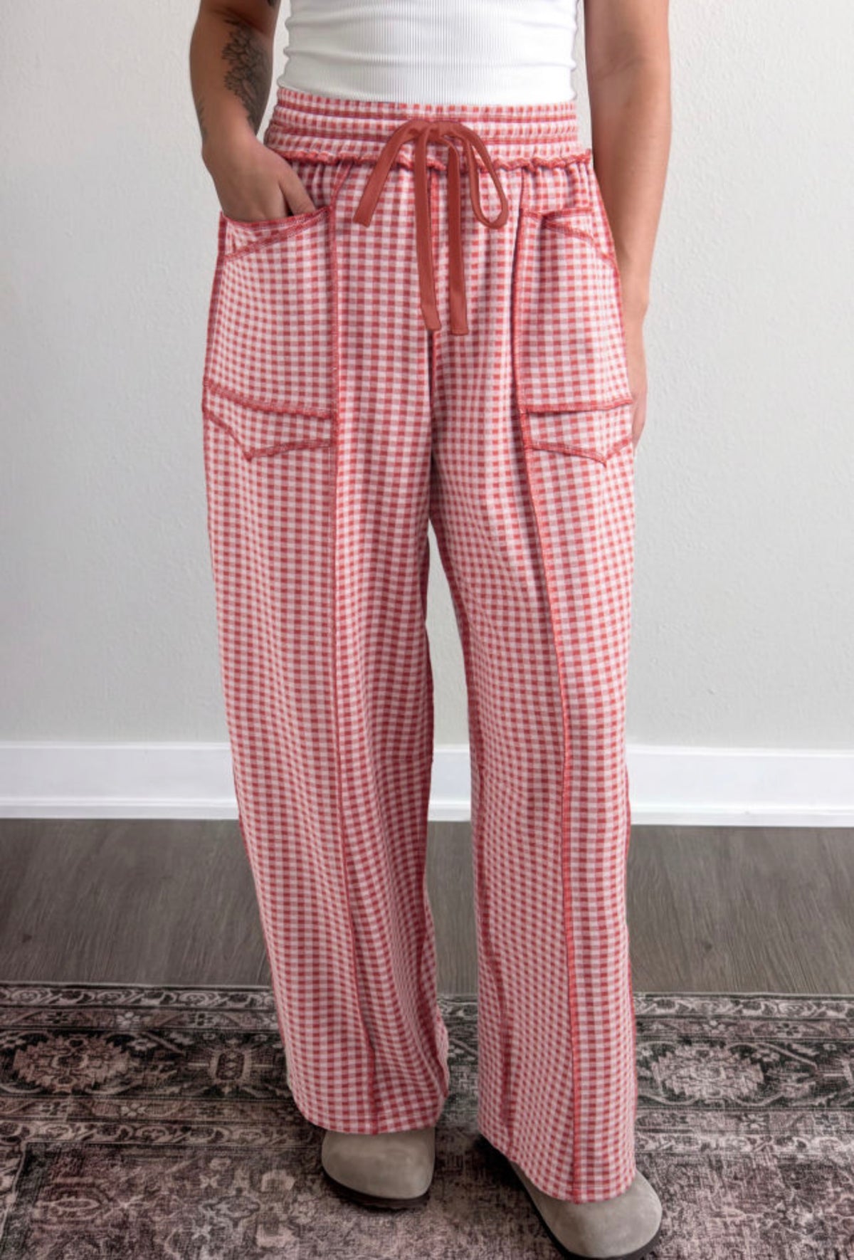 Red Plaid Drawstring Pants