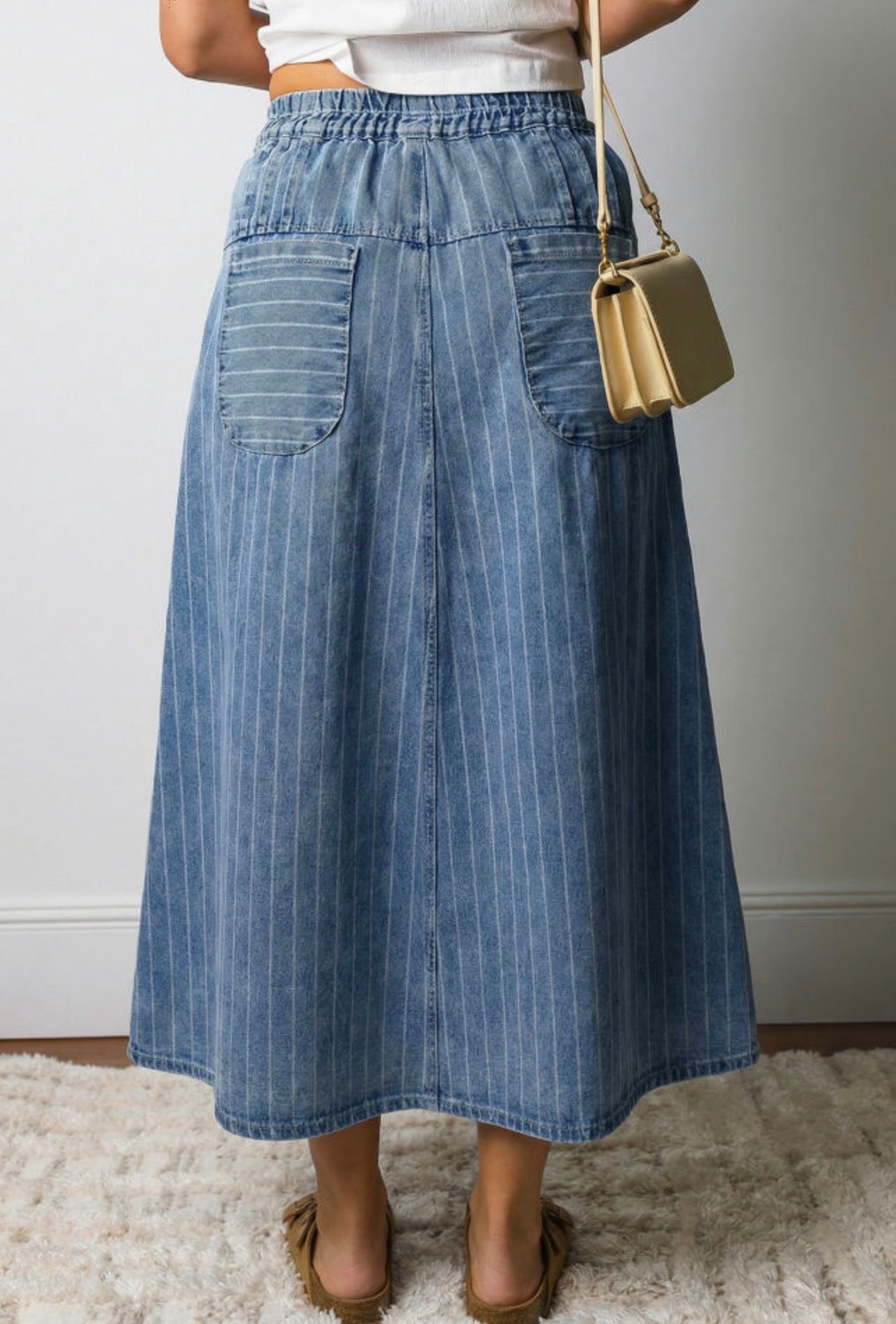 Preorder Button Front Pleated Pinstripe Denim Skirt