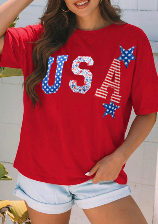 Red USA Embroidered Tee