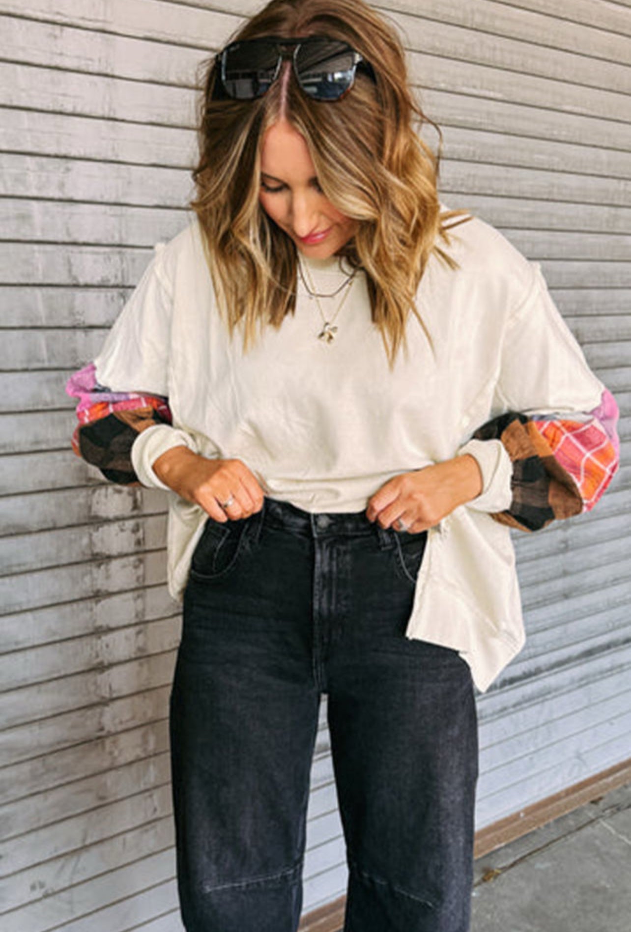 Beige Contrast Plaid Patchwork Sweatshirt