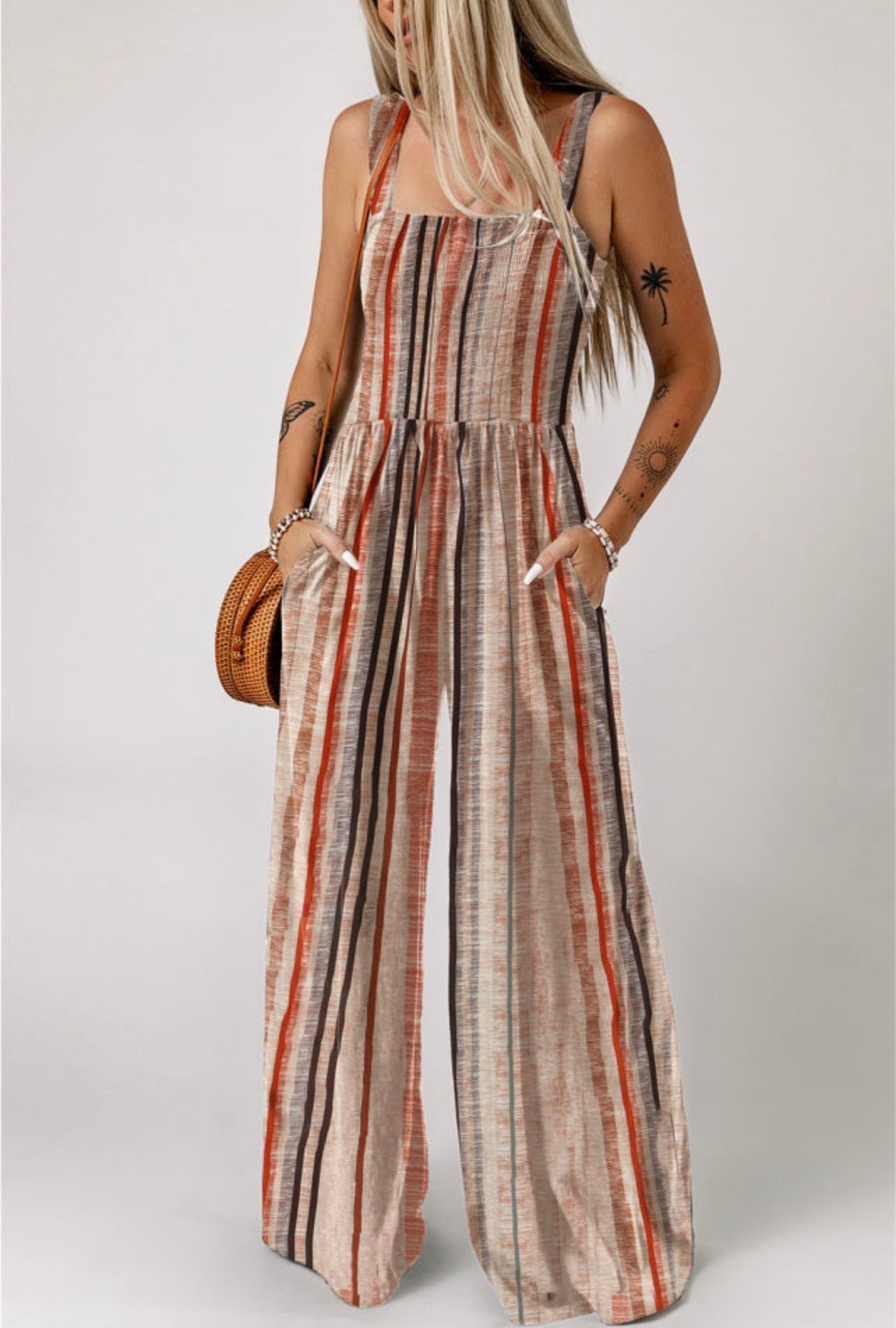 Vertical Stripe Smocked Bodice Wide Leg Jumpsuit
