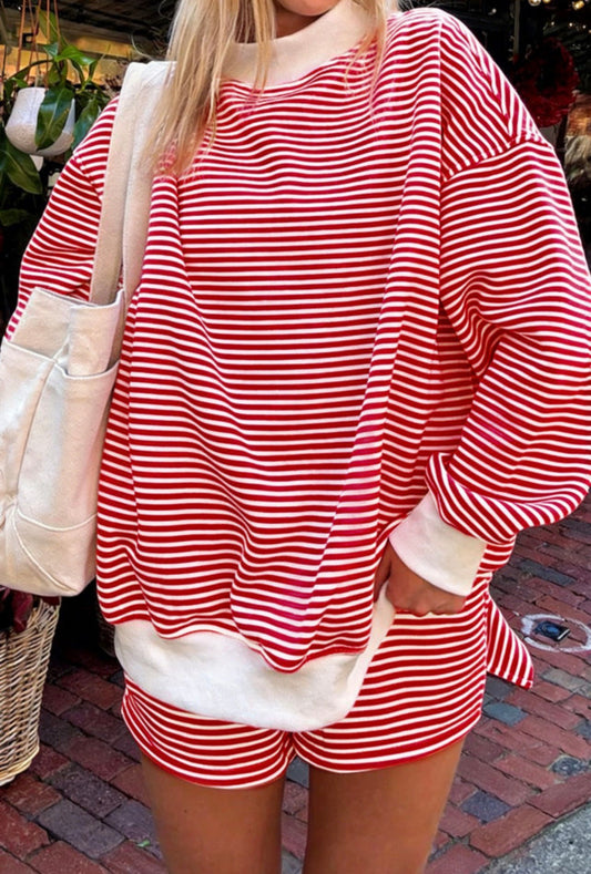 Red Stripe Oversized Mock Neck Sweatshirt and Shorts Set