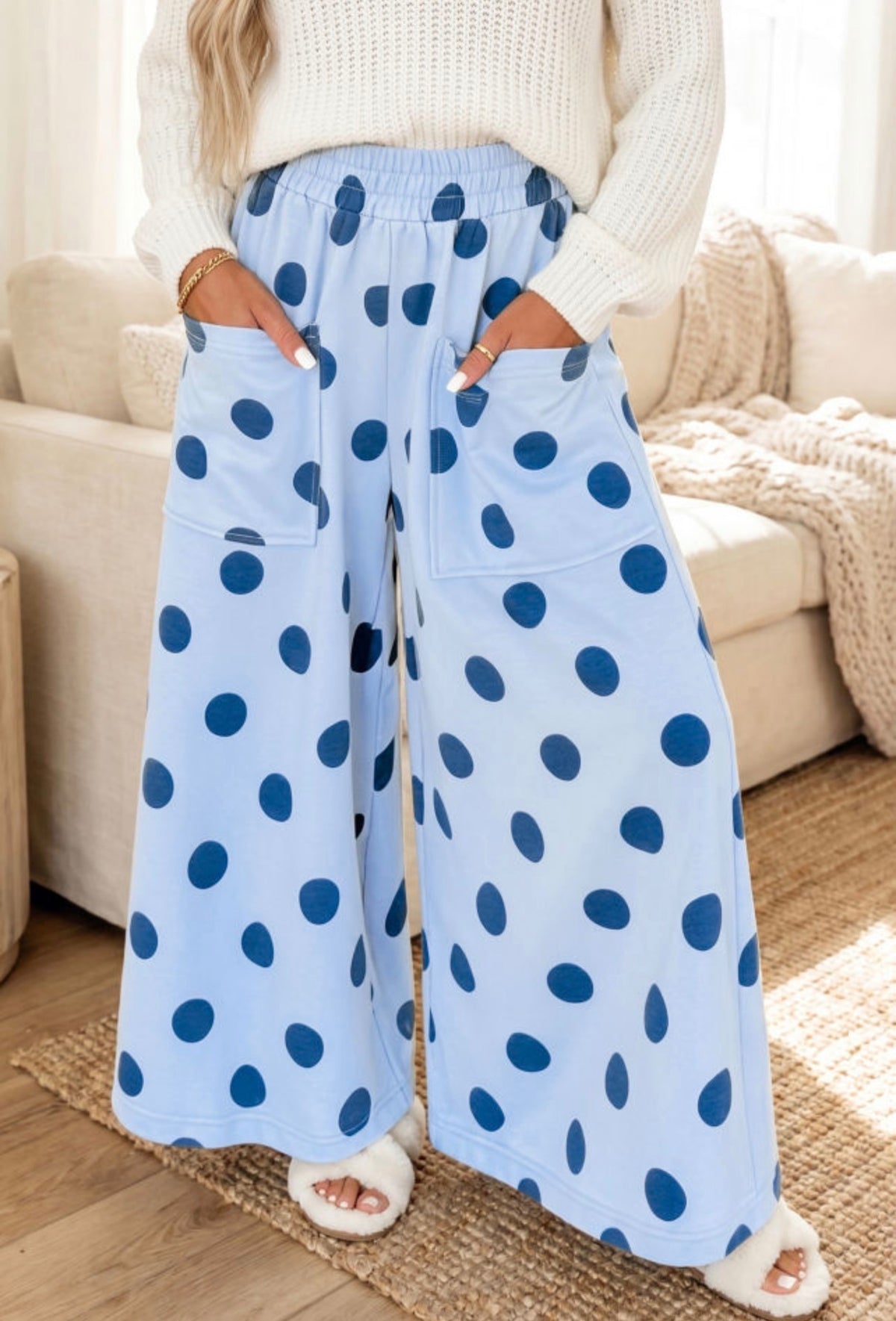 Blue Polka Dot Wide Leg Causal Pants