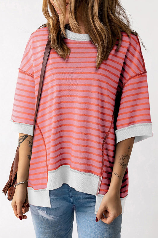 FINAL SALE—Pink Stripe Exposed Seam Contrast Trim Tee (on hand)