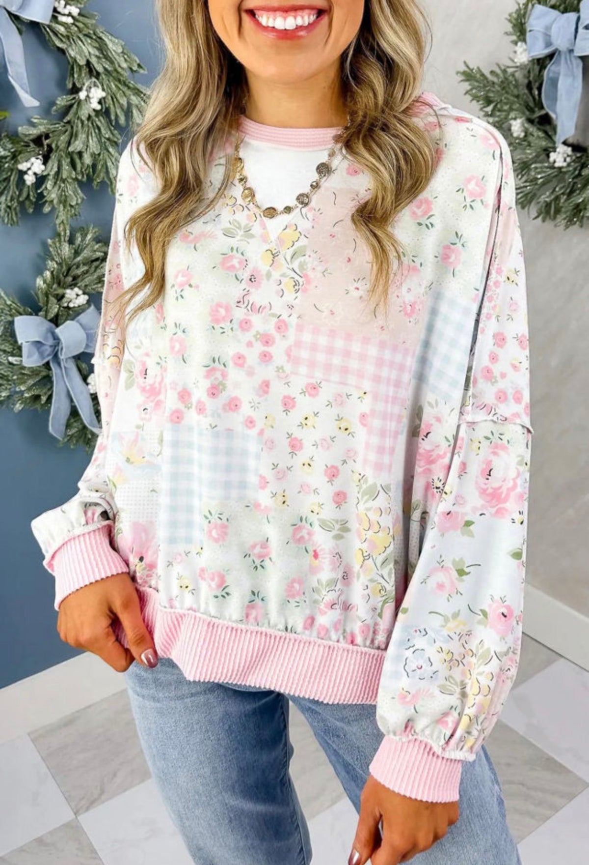 Pink Patchwork Floral Twisted Ribbed Top