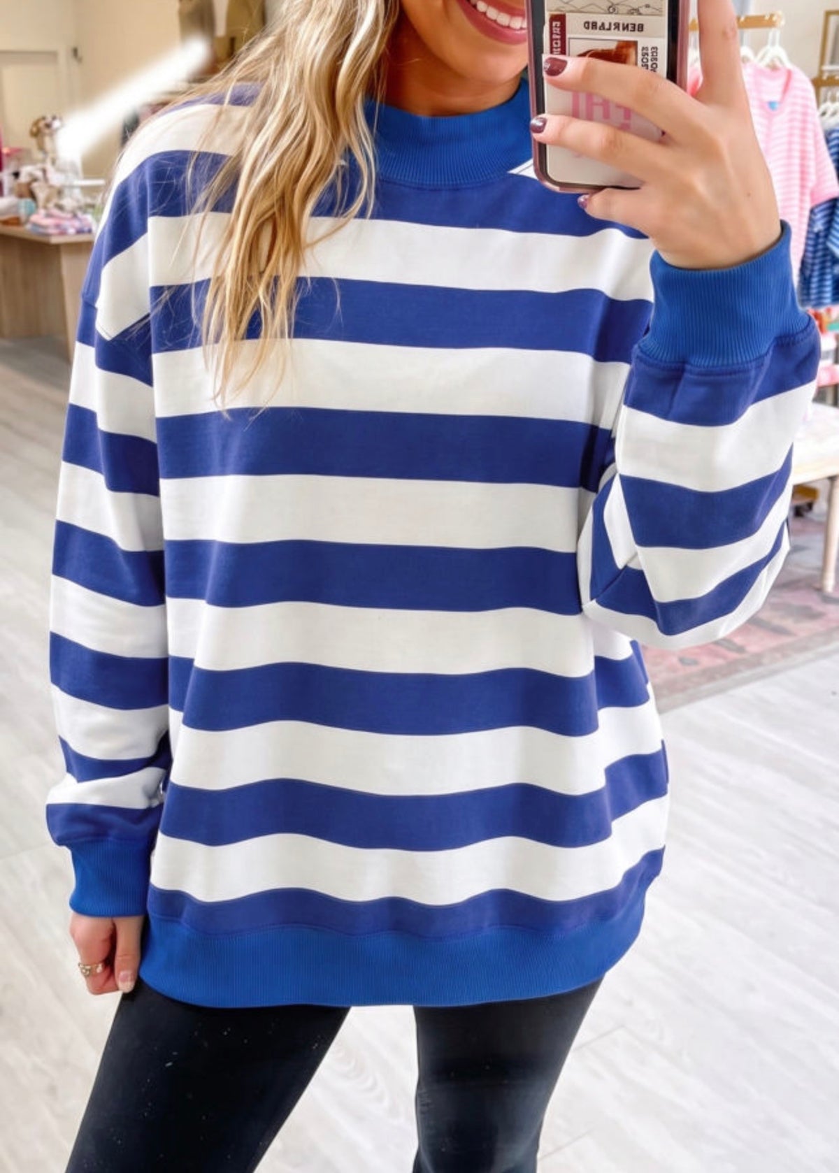 Blue and White Striped Mock Neck Relaxed Sweatshirt