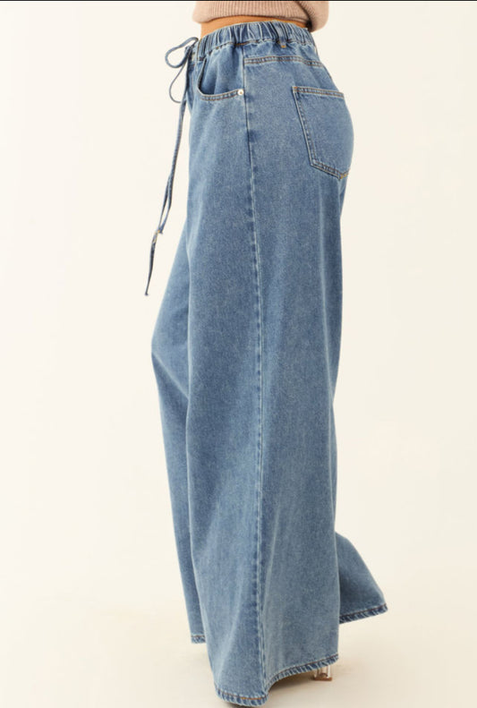 Wide Leg Drawstring Denim Pants