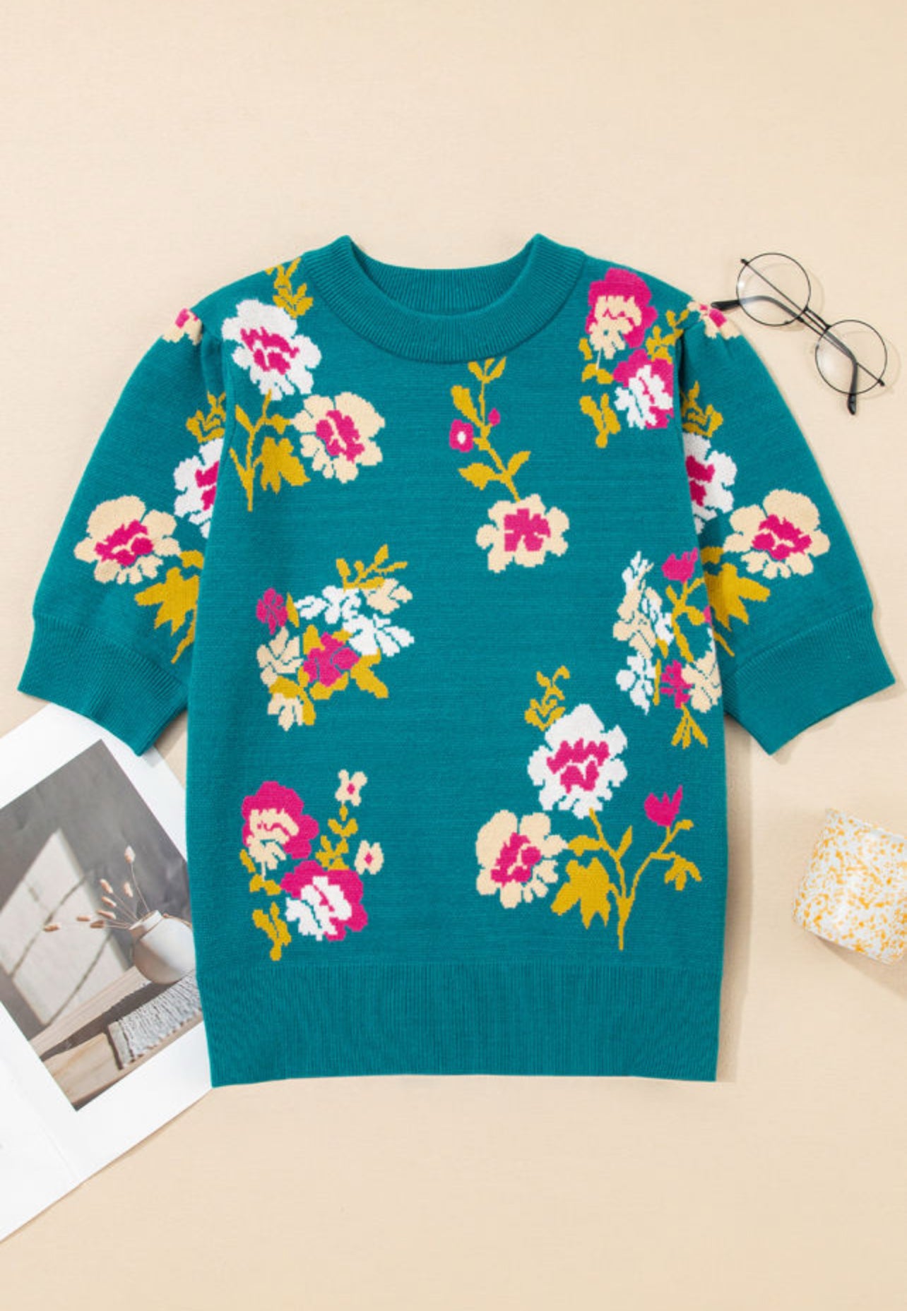 Turquoise Floral Short Sleeve Sweater