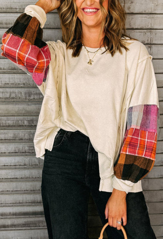 Beige Contrast Plaid Patchwork Sweatshirt