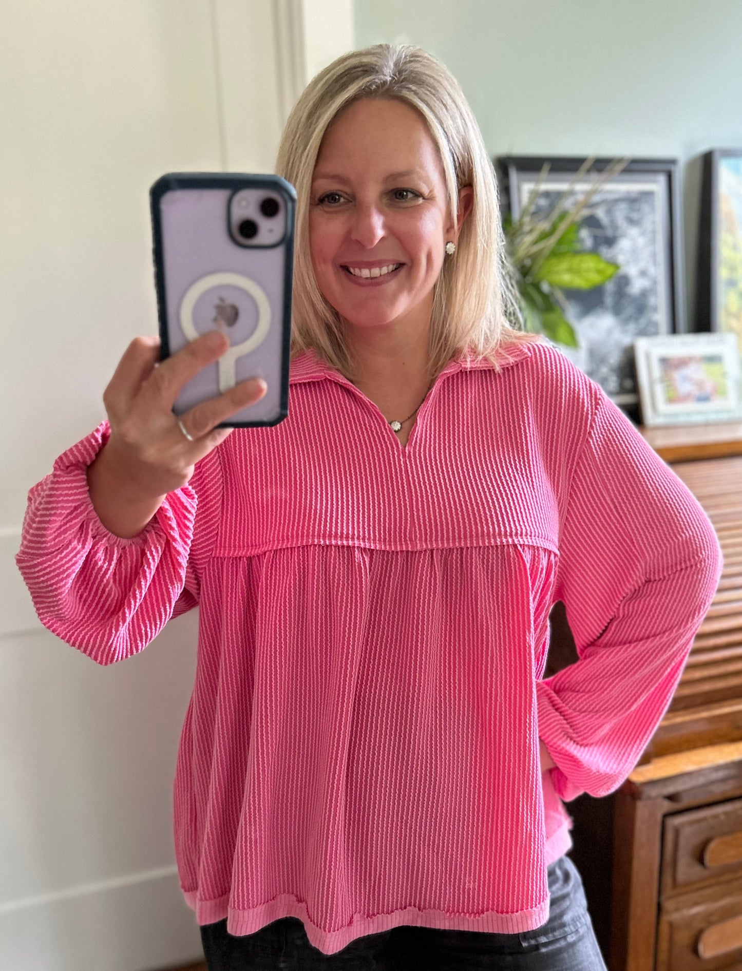 Pink Corded Babydoll Blouse (on hand)