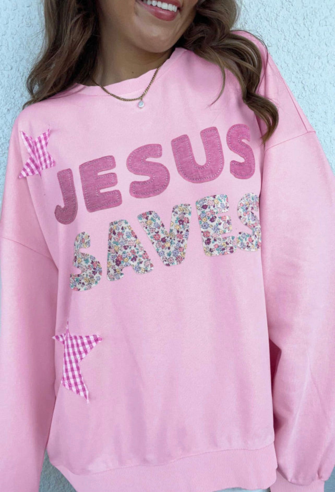 Pink Jesus Saves Patchwork Sweatshirt