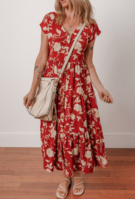 Red Floral Short Sleeve Midi Dress