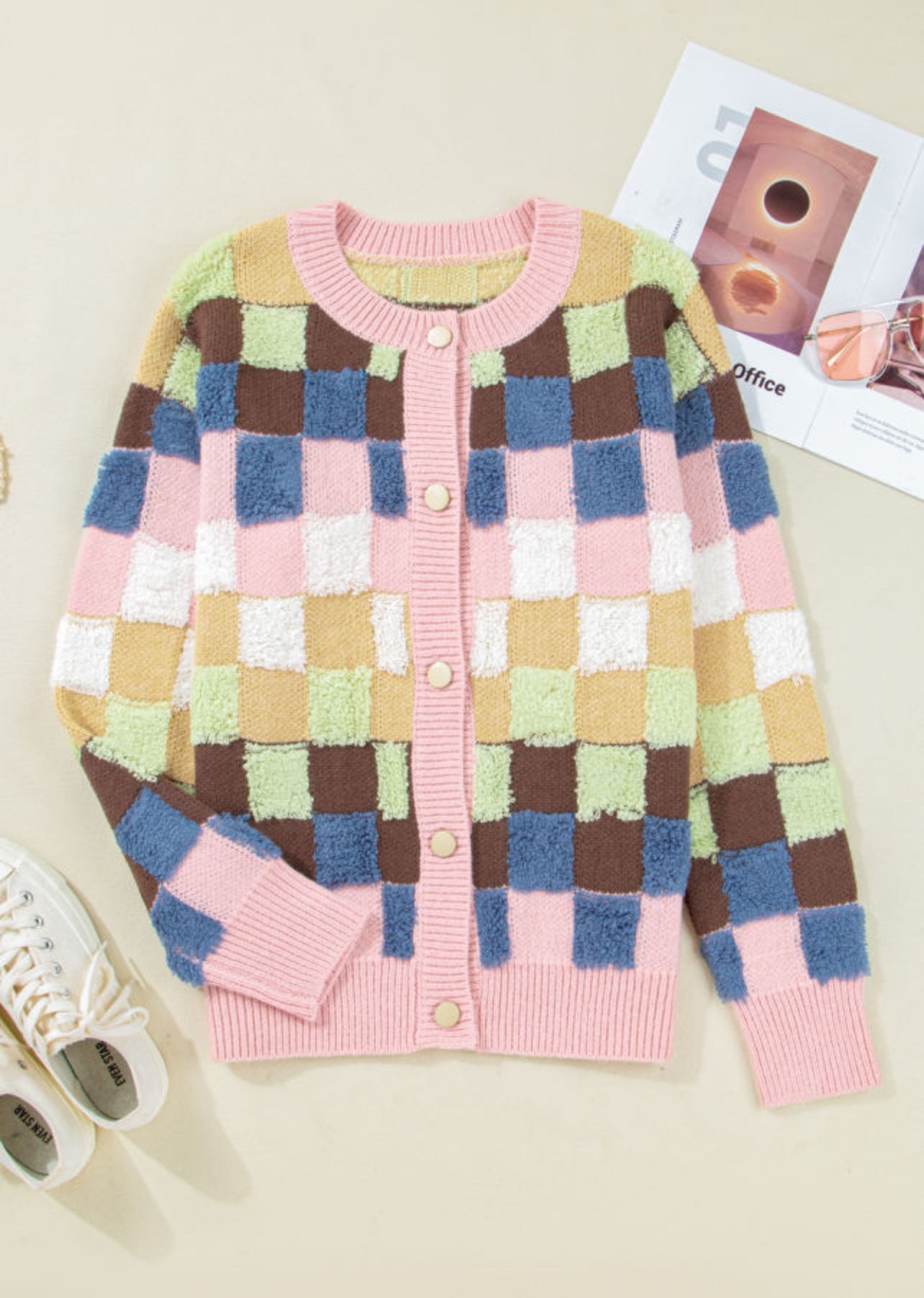 Pink Multicolor Check Sweater Cardigan