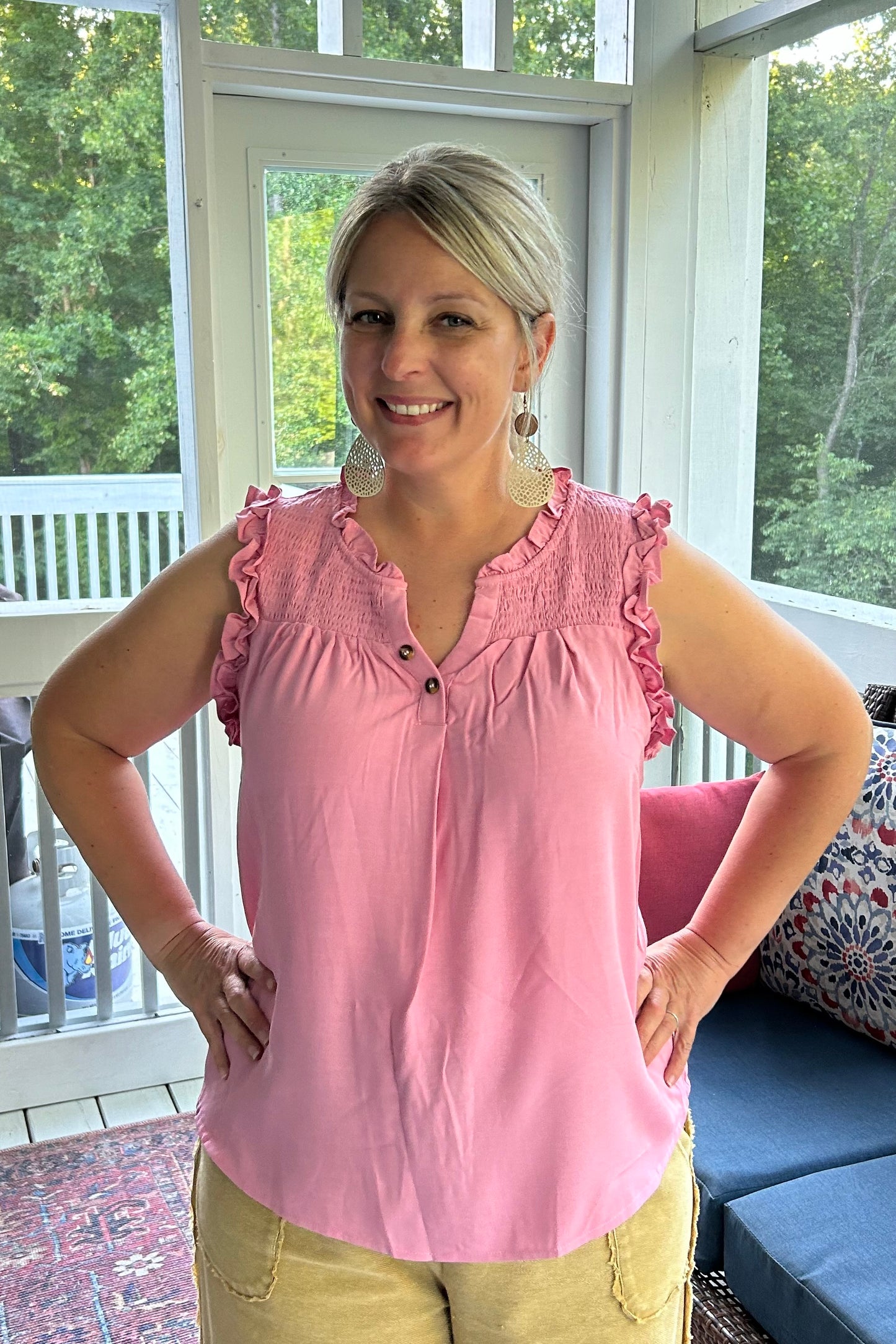 FINAL SALE—Pink Ruffled Trim Tank Top (on hand)