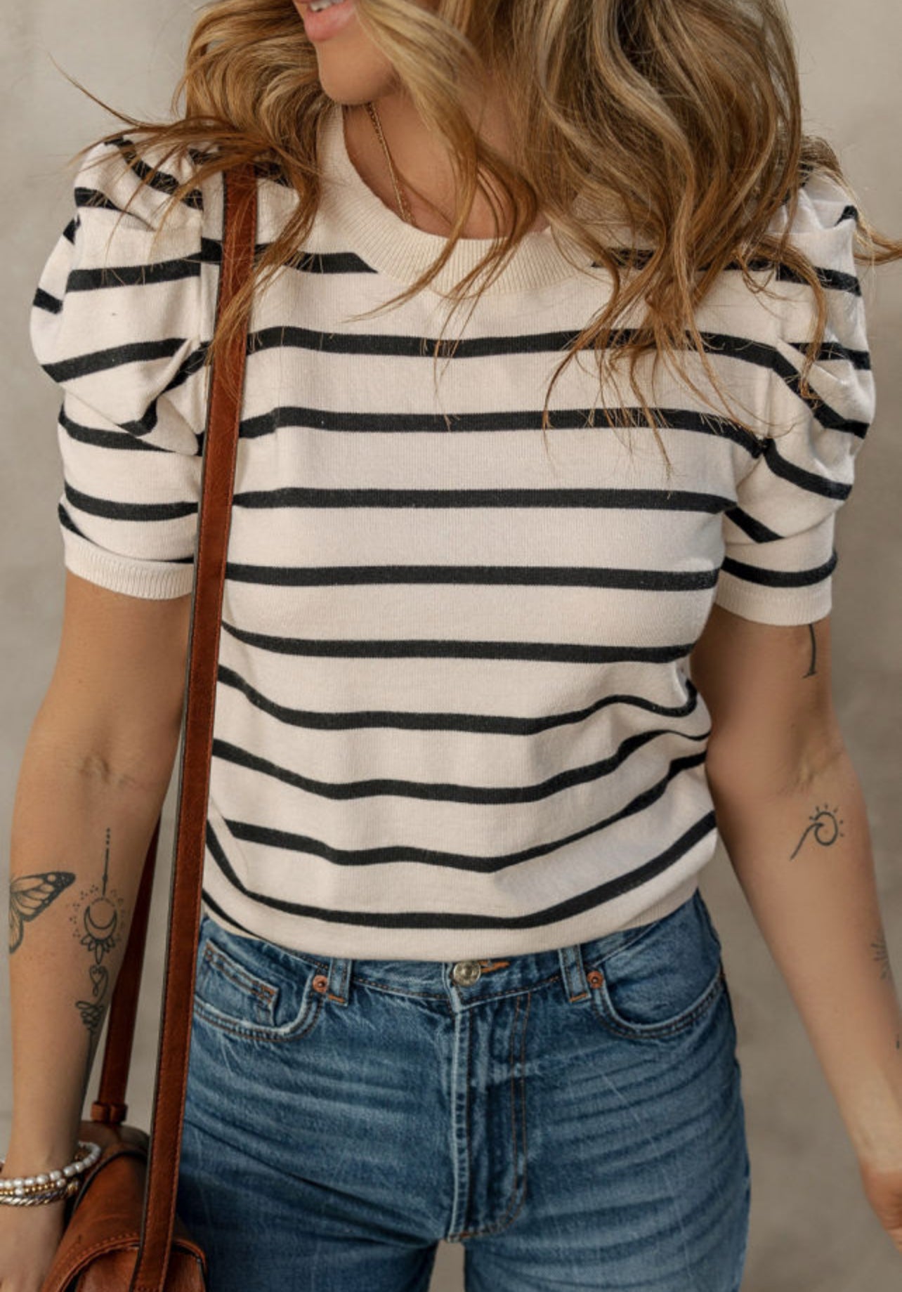 Black Stripe Puff Sleeve Sweater