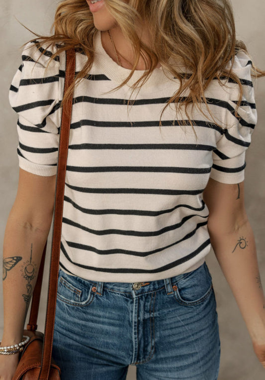 Black Stripe Puff Sleeve Sweater